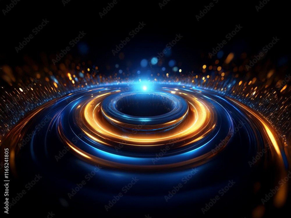 Poster intricate glowing rings of blue and orange light emanate from a central point, creating a mesmerizin