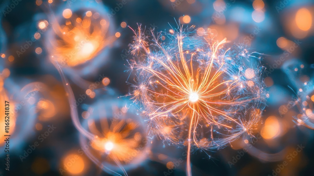 Poster fireworks abstract background concept. a vibrant close-up of glowing microorganisms highlighting the