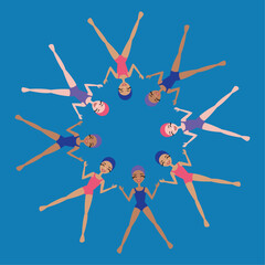 Vector illustration of a group of eight synchronized swimmers