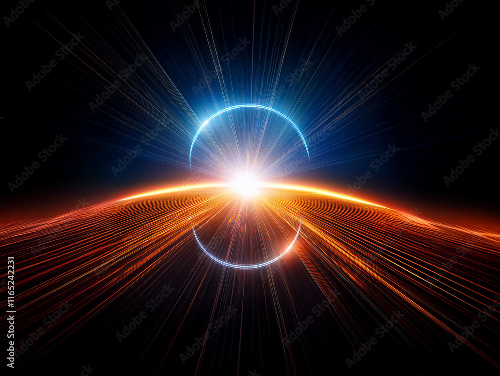 Poster a vibrant, cosmic scene. glowing ring encircles a radiant light source, emanating from a planet's ho