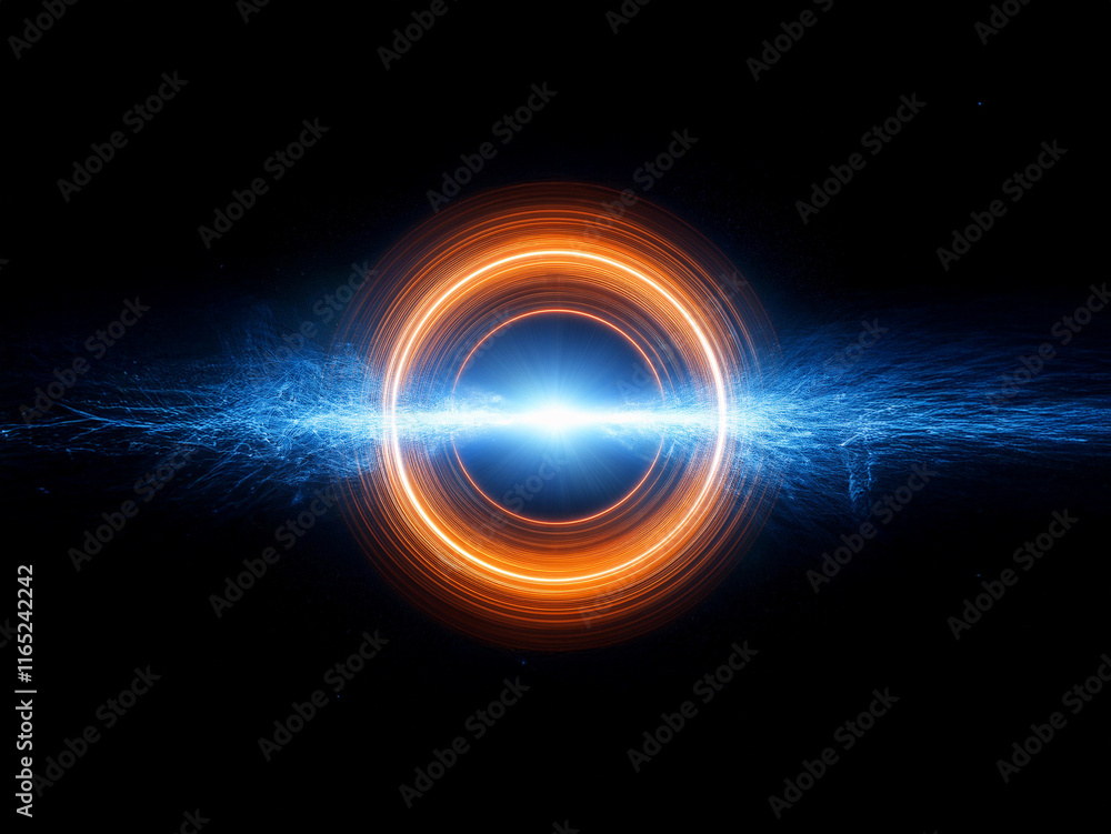 Aufkleber Glowing orange and blue energy rings pulse with light, creating a dynamic, symmetrical visual centered against a black backdrop.  The energy flows horizontally, suggesting movement and power.