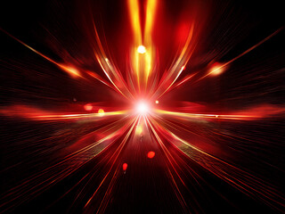 Obraz premium Intense red and orange light streaks radiate from a central point, creating a dynamic, almost explosive effect against a black background. The image evokes speed, energy, and power.