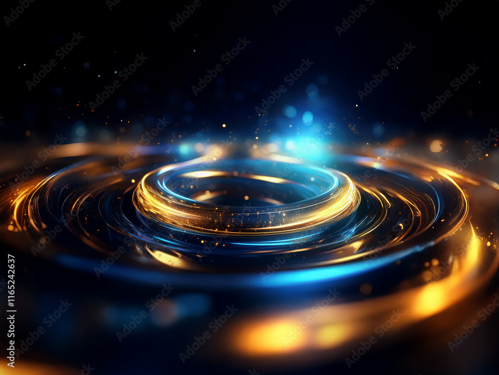 Poster glowing gold and blue ring ripples outwards on a dark background, creating a mesmerizing, abstract e
