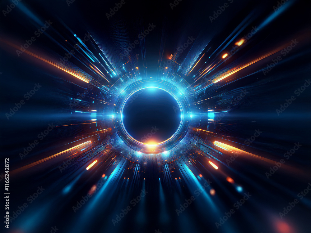 Poster abstract digital art depicting a glowing circular portal with vibrant blue and orange light streaks 
