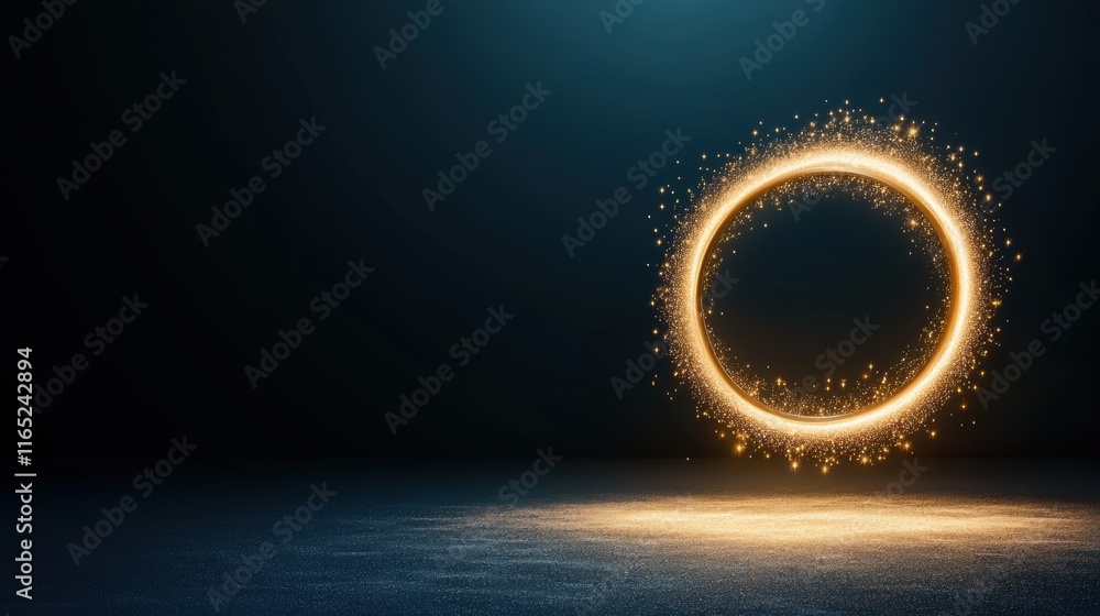 Poster glowing golden ring with sparkling particles on a dark background. abstract light effect. magic and 
