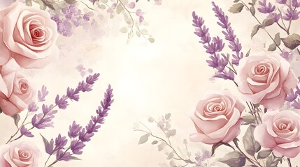 A soft pastel floral pattern featuring roses and lavender blooms on a light beige textured paper 