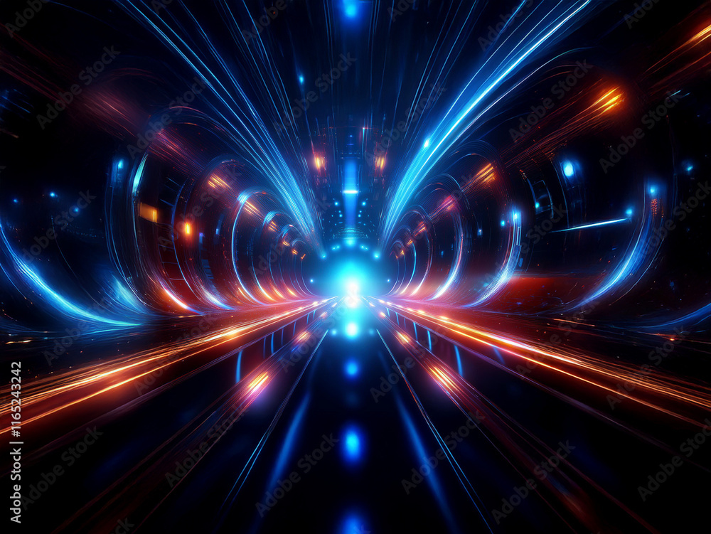 Poster a mesmerizing digital artwork depicting a futuristic tunnel. vibrant blue and orange light streaks r