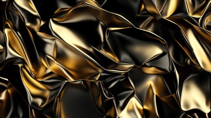 Abstract close-up of crumpled golden and black metallic texture. Digital art with glossy metallic surface