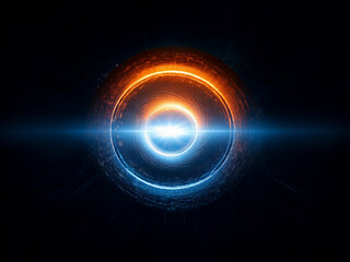 Obraz premium A glowing orb, rings of vibrant orange and blue energy encircle a bright core, radiating light against a dark background. The image evokes feelings of power and cosmic energy.