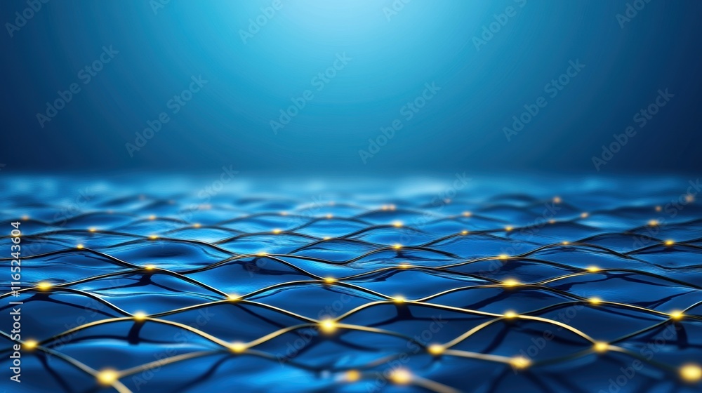 Aufkleber abstract 3d network grid with glowing nodes on a wavy blue surface