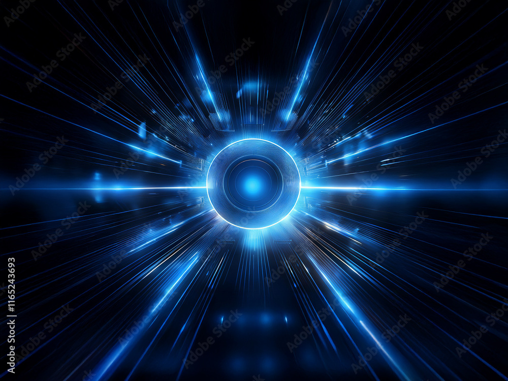 Poster intense blue light bursts from a central circular core, radiating outward in a dynamic, symmetrical 