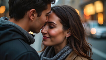 Naklejka premium Couple sharing an intimate moment on a city street