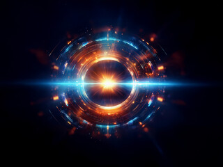 Obraz premium Intense light bursts from a central point within concentric glowing rings, creating a vibrant, futuristic energy vortex against a dark backdrop. The effect is dynamic and suggests power and technolog