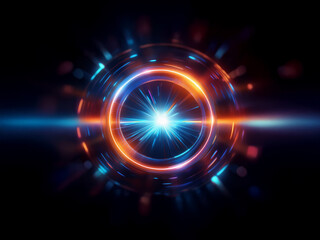 Fototapeta premium A vibrant, glowing circular portal with radiating energy bursts in shades of blue and orange against a dark background. The futuristic design evokes a sense of power and technology.