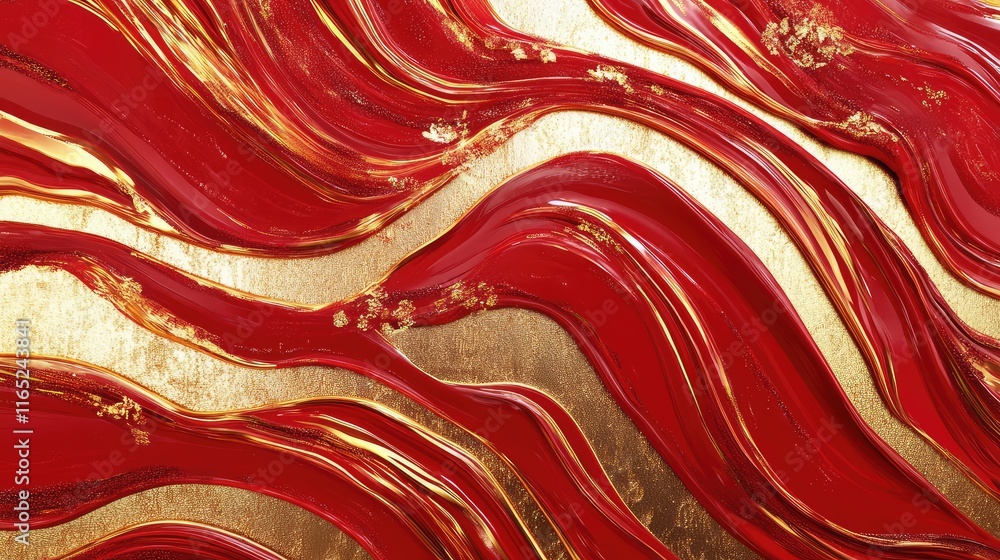 Poster fluid and dynamic red and gold waves merging in an abstract pattern, capturing the essence of chines