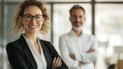 Confident Business Woman Smiling in Professional Office Setting