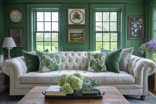 Elegant green living room with white sofa and botanical accents