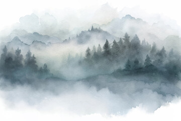Tranquil mist enveloping a serene landscape of trees and mountains, creating a peaceful and atmospheric scene.
