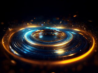 Glowing concentric circles of blue and gold shimmer in the dark, creating a futuristic, energy-filled vortex effect with sparkling particles.