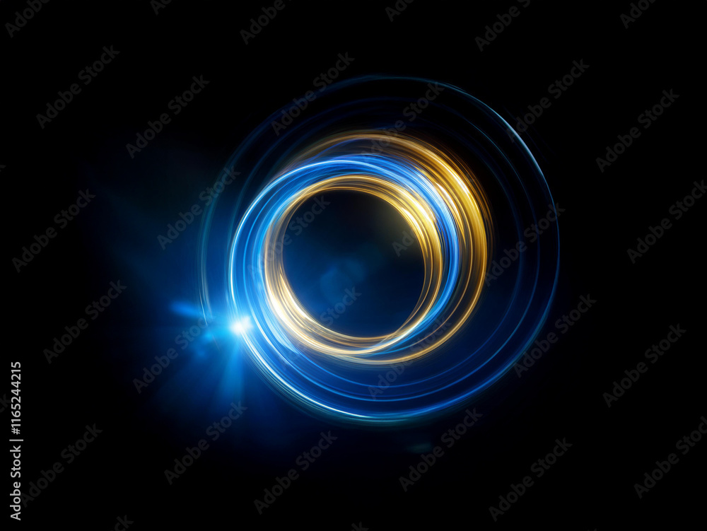 Poster abstract image featuring concentric glowing circles in blue and gold hues against a black background