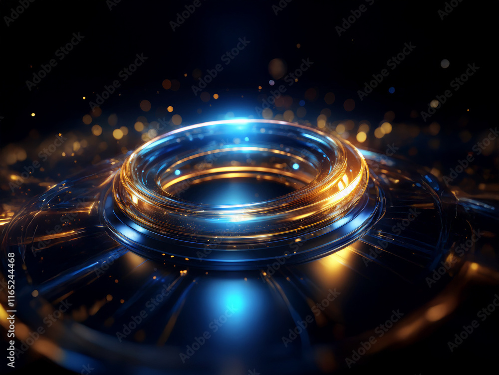 Poster abstract image of a glowing, metallic ring with swirling, luminous particles, set against a dark bac