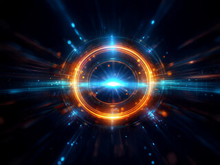 Obraz premium A vibrant, glowing ring of light and energy pulses with bright blue and orange hues against a dark background. Speed and movement are implied by streaks of light.