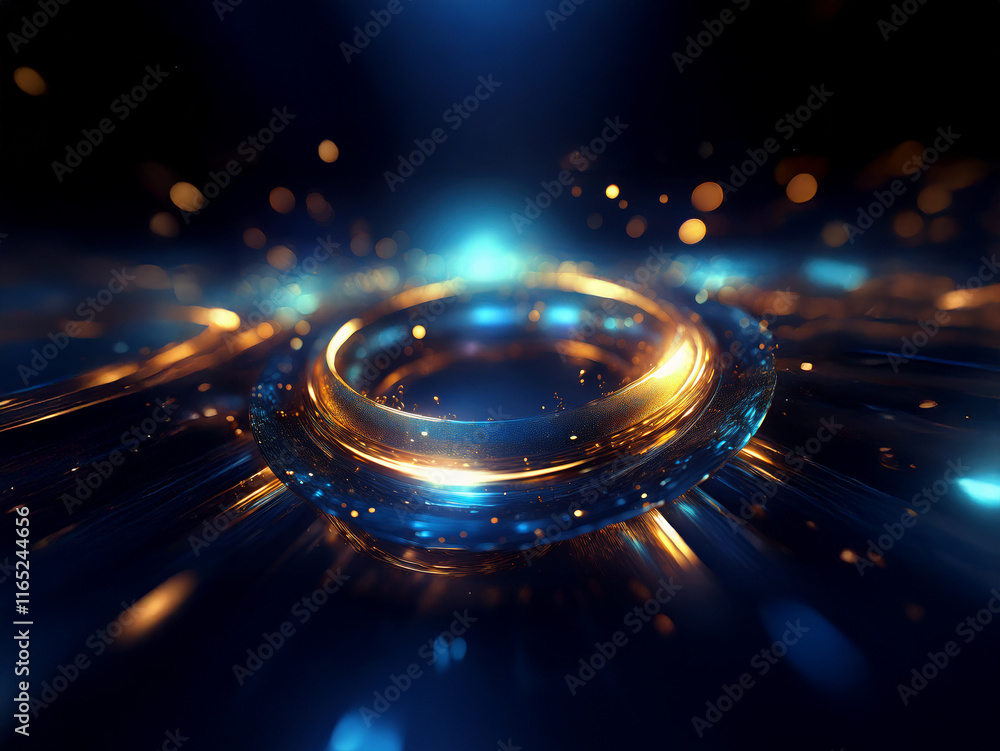 Poster glowing golden and blue rings swirl in a dark, abstract space, illuminated by bright sparks and boke