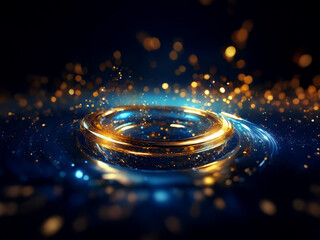 Glowing golden ring floats on dark blue water, surrounded by sparkling particles.  Abstract, futuristic, and elegant design.