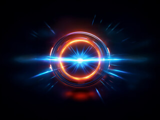 Fototapeta premium A luminous orb, vibrant orange and blue, pulses with energy. Streaks of light radiate outwards, creating a dynamic, futuristic effect against a dark background. The sphere's metallic texture is subt
