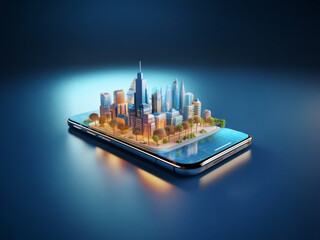 A miniature cityscape sits on a smartphone, glowing softly against a dark background.  This represents the concept of mobile urban planning and digital technology's impact on modern city life.