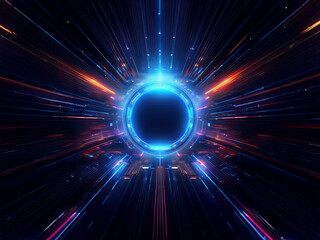 A mesmerizing abstract artwork featuring a glowing circular portal, surrounded by vibrant streaks of light and dark energy, creating a sense of depth and movement.  The futuristic design evokes feelin