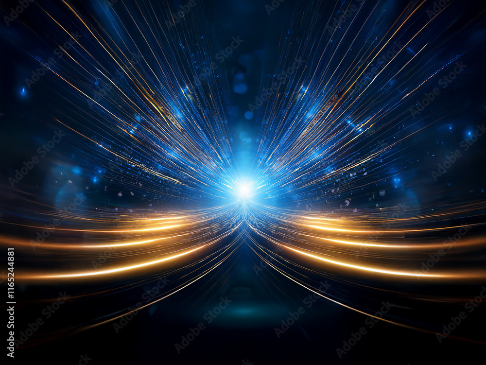 Poster Abstract digital art depicting a radiant, bright light emanating from a central point, with streaks of blue and orange light creating a dynamic, futuristic effect.  The image evokes feelings of speed,