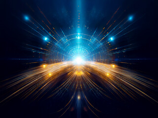 Abstract digital art depicting a glowing, futuristic highway leading to a bright, circular portal.  The scene is filled with vibrant blue and gold light streaks, suggesting speed and movement.