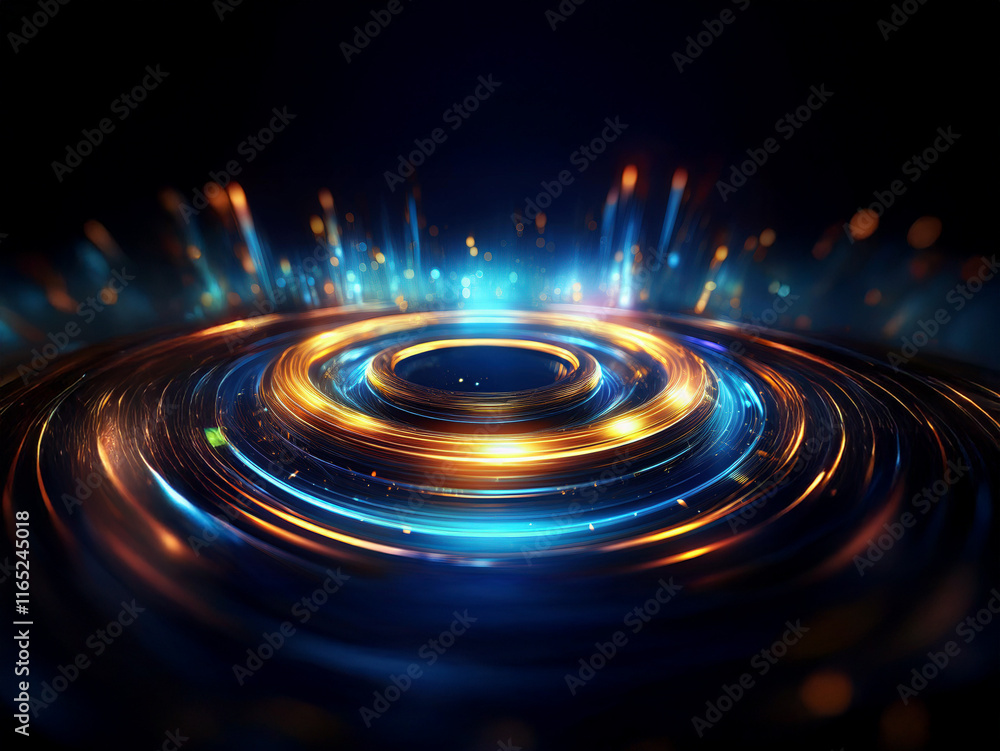 Aufkleber Glowing concentric circles of blue and orange light radiate outwards in a dark, futuristic setting.  Sparkling particles emanate from the central point, creating a sense of energy and movement.