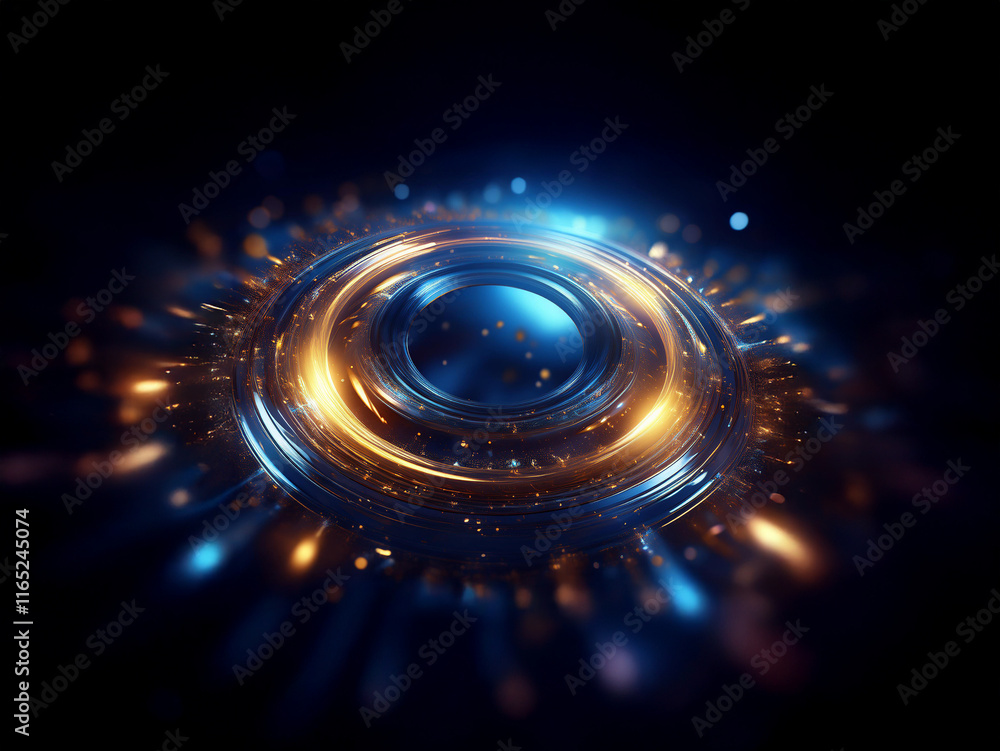Poster intricate, glowing circular design. metallic textures with blue and orange highlights. dark backgrou