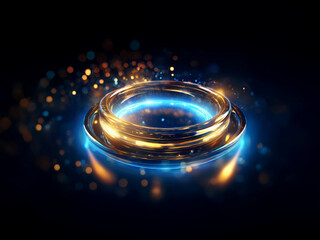 Glowing golden rings float on a dark background, encircled by vibrant blue light and sparkling particles.  The scene evokes a sense of mystery and futuristic elegance.