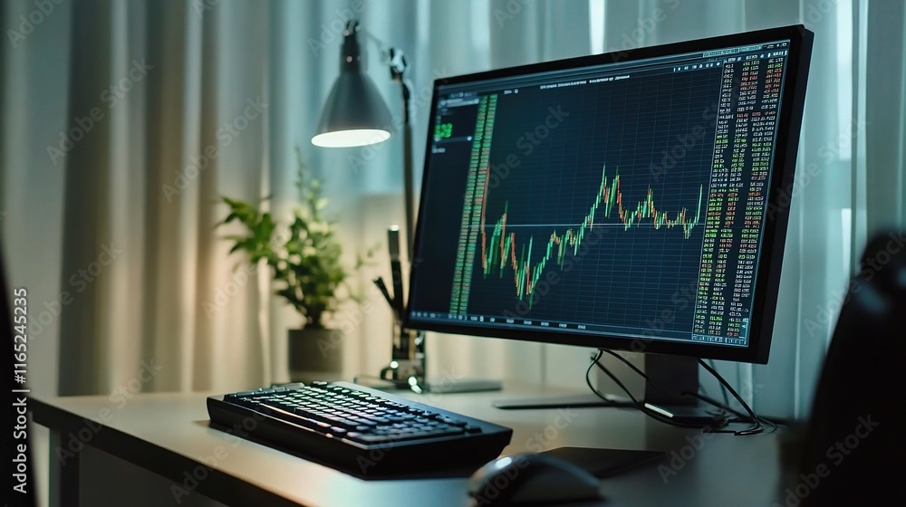 Poster modern office desk with computer screen displaying stock market data