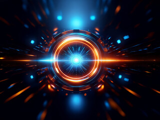 Fototapeta premium Abstract digital art depicting a futuristic portal. Glowing orange and blue light streaks radiate from a central ring, creating a sense of speed and energy.