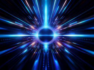 Abstract digital art depicting a vibrant, glowing circle at the center of radiating light streaks, suggesting speed and movement through a futuristic, technological space.