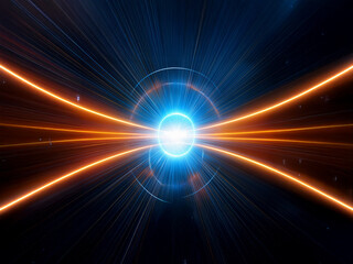 Obraz premium Abstract image depicting a vibrant, glowing orb at the center, emitting bright blue and orange energy streaks that radiate outwards, creating a sense of cosmic power and energy.