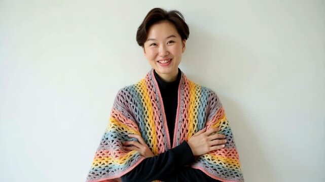 Smiling woman in a colorful shawl looking directly at the camera