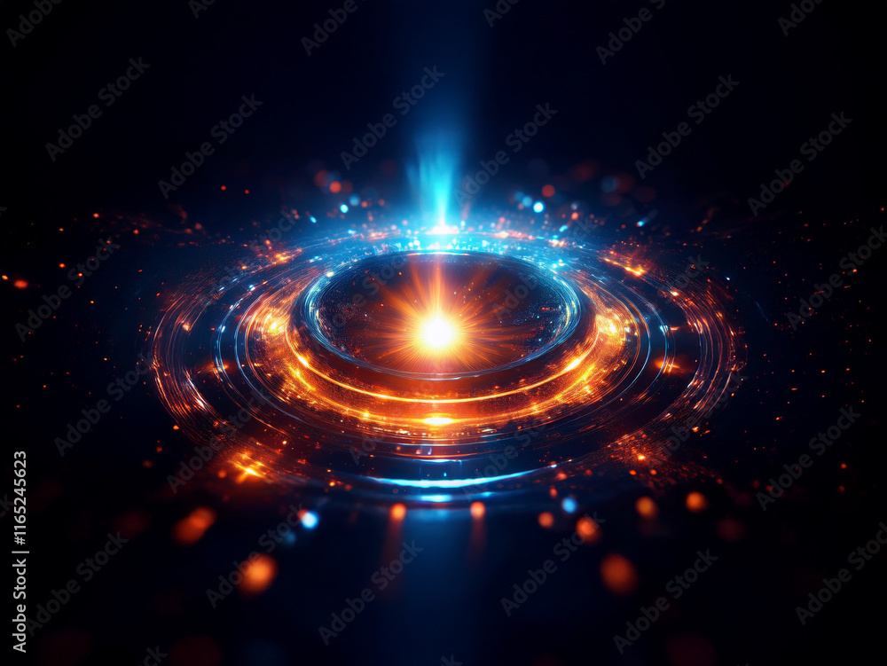 Poster A mesmerizing cosmic scene:  vibrant blue and orange energy swirls around a glowing central core, creating concentric rings of light against a dark backdrop.  Sparkling particles add to the ethereal b