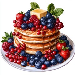 Delicious Buttery Pancakes Stack with Fresh Berries and Syrup Gourmet Breakfast Food