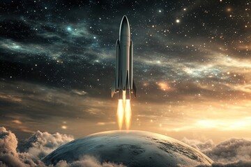 Fototapeta premium glossy 3d rocket ascending above planet framed by softly glowing atmospheric layers and blurred stars