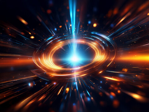 A vibrant, swirling vortex of light and energy explodes from a central point, radiating outwards with streaks of orange and blue.  The scene is dynamic, evoking feelings of speed and cosmic power.