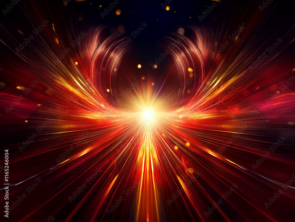 Poster a radiant, fiery burst of light emanating from a central point, resembling wings or a phoenix, set a