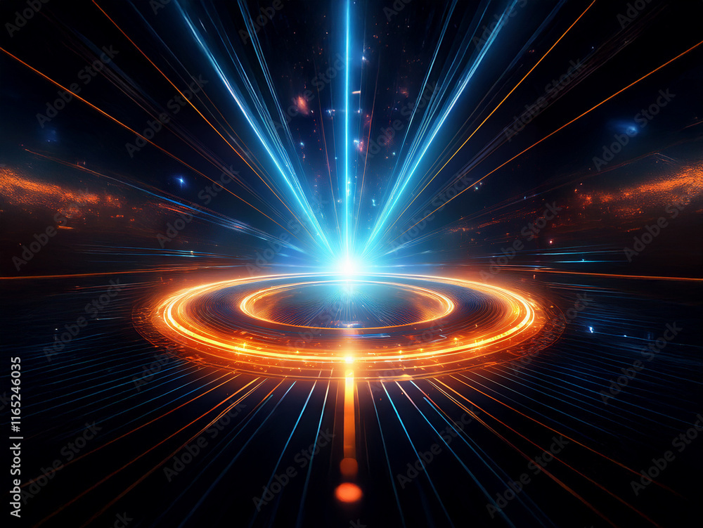 Poster a vibrant, cosmic scene unfolds, featuring a bright central light source emitting energy beams in a 