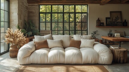 Modern off-white sofa in rustic living room.