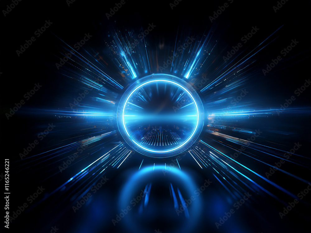 Aufkleber Glowing blue circular portal with radiating light streaks against a dark background.  Its reflective surface creates a mirrored effect, suggesting depth and energy.