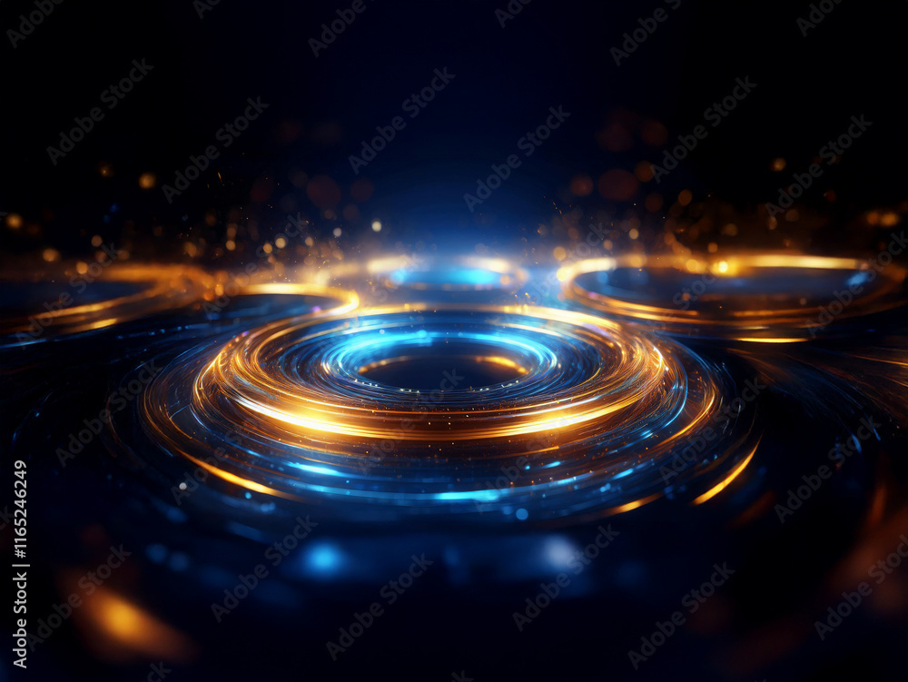 Poster glowing blue and gold rings ripple across a dark, reflective surface, creating a mesmerizing, abstra